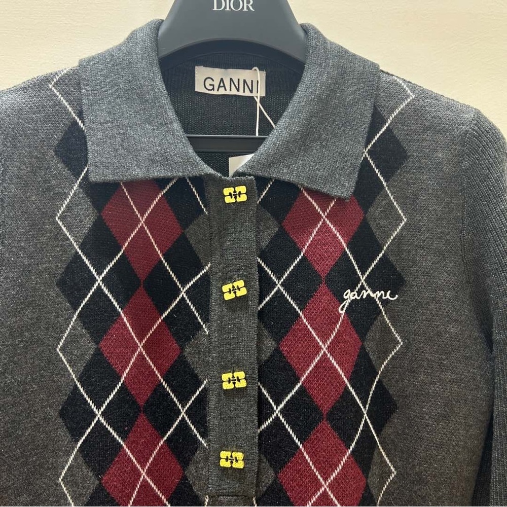 Ganni Gray Argyle Sweater Cardigan - Picture 6 of 9